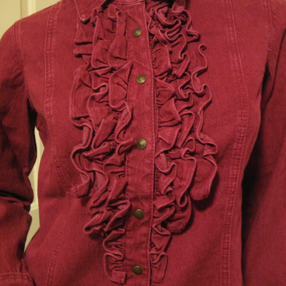 Vintage Y2K Diane Gilman Womens Denim Jean Jacket Ruffle Top S Long Sleeve Red - Picture 6 of 8